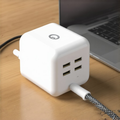A white GaN charger and braided cable on a desk illustrating universal power delivery for laptops.