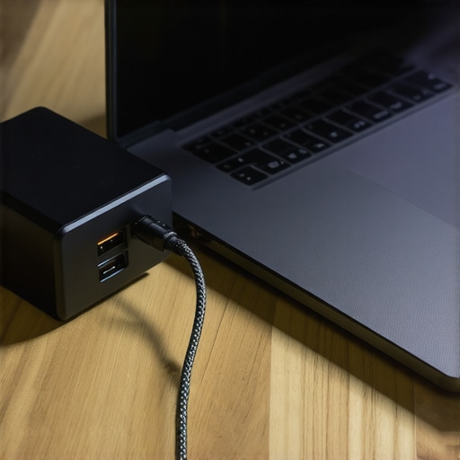 A compact multi-port GaN charger with braided USB-C cables powering a laptop on a wooden table.