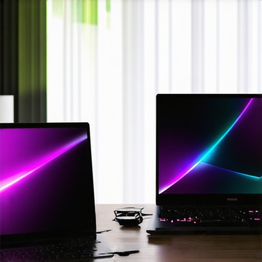 A side-by-side view of a thin business laptop and a large gaming laptop on a desk showing the size and screen ratio difference.