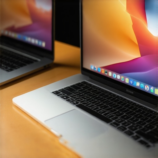 A side-by-side comparison of a glossy laptop screen and a matte laptop screen in a bright office environment.