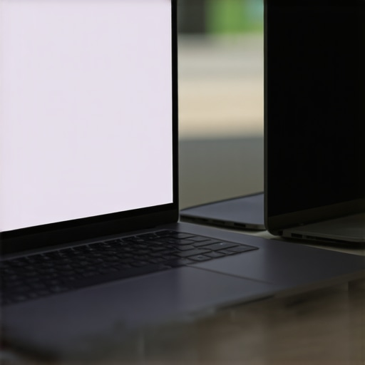 A comparison between a high-brightness business laptop screen and a dim budget consumer laptop screen.