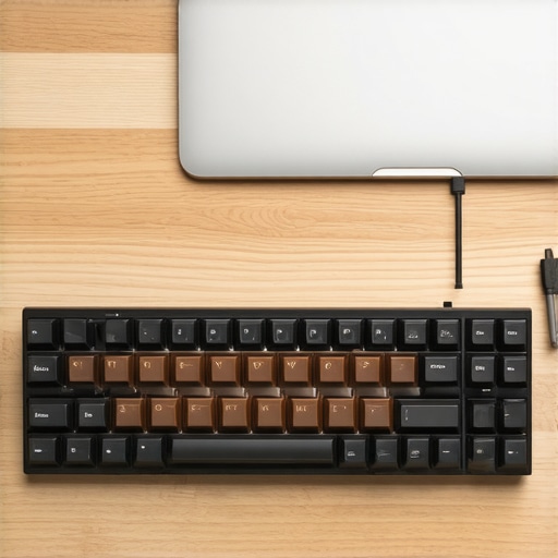 Tactile brown mechanical switches on a keyboard next to a laptop.