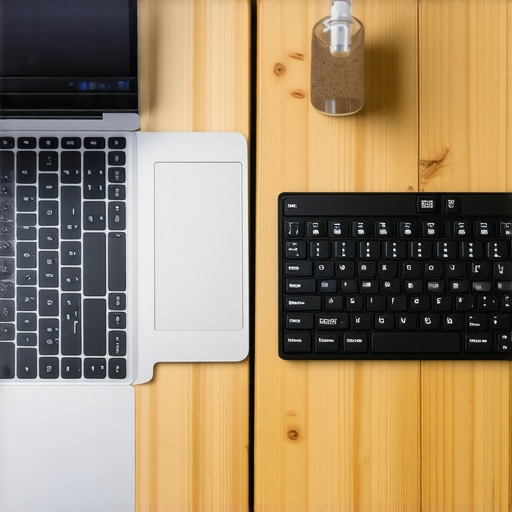 Compact 65 percent mechanical keyboard next to a slim laptop on a wooden table.