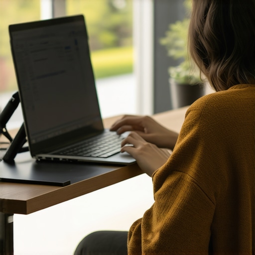 A person using a laptop on an adjustable stand at the correct eye level for better posture.