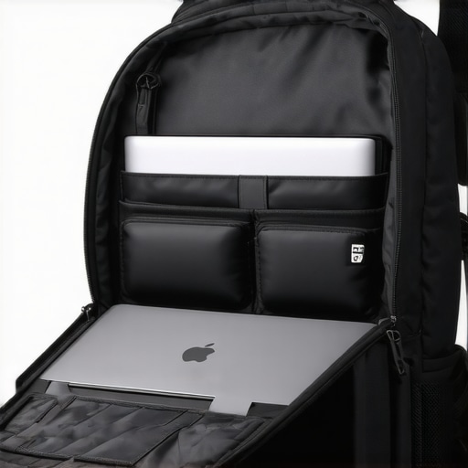 A visual guide showing two laptops organized safely in a specialized backpack with protective sleeves.