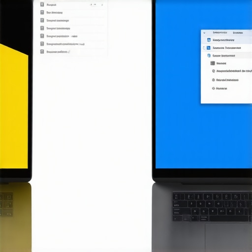 A laptop showing the difference between a yellow-tinted screen and a color-corrected screen