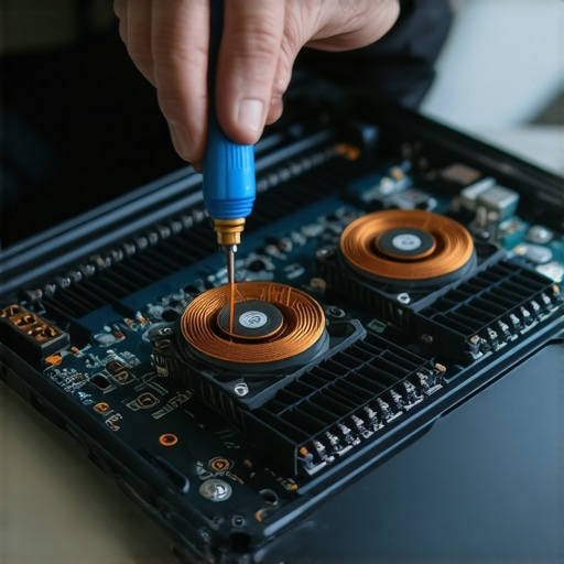 Deep Cleaning a Business Laptop Internals A person performing maintenance on a laptop cooling system with compressed air and tools.