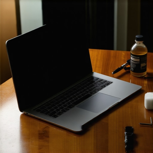 An upside down laptop drying in a tent shape on a table next to repair tools