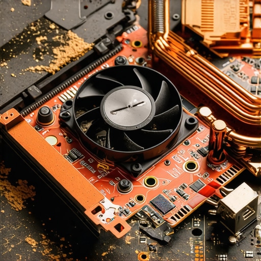 Close up of a dusty laptop cooling fan and copper heat pipes on a motherboard