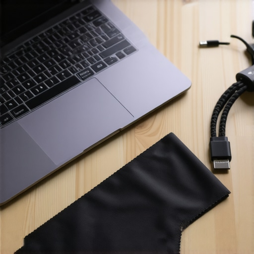 Microfiber cloth and USB-C hub on a desk next to a student laptop