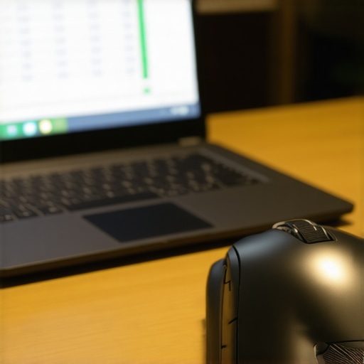 Close-up of an ergonomic mouse with a side scroll wheel and macro buttons on a desk