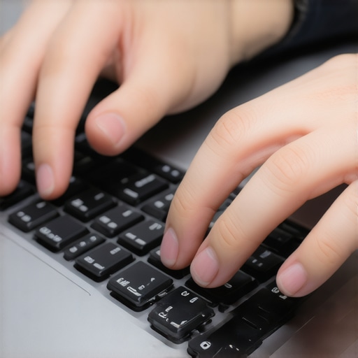 Ergonomic laptop keyboard typing close up Close-up of hands typing on a rigid premium laptop keyboard with deep key travel