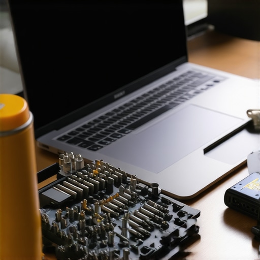 Essential Laptop Maintenance Toolkit A precision screwdriver set and cleaning tools next to a laptop for maintenance.
