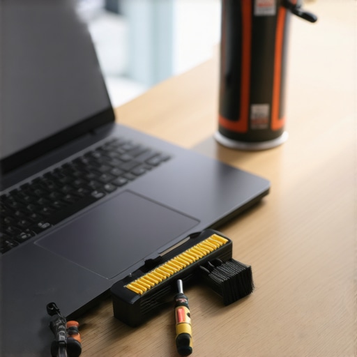 Precision tools and cleaning supplies for maintaining a high-end business laptop.