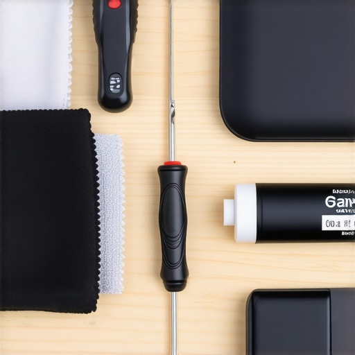Essential Laptop Maintenance Tools Close up of laptop cleaning and repair tools on a wooden desk