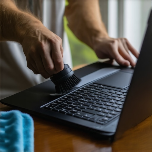 Cleaning a gaming laptop with a brush and microfiber cloth for longevity