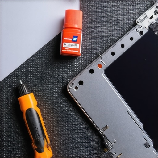 A precision screwdriver kit and thermal paste next to a disassembled laptop for maintenance.