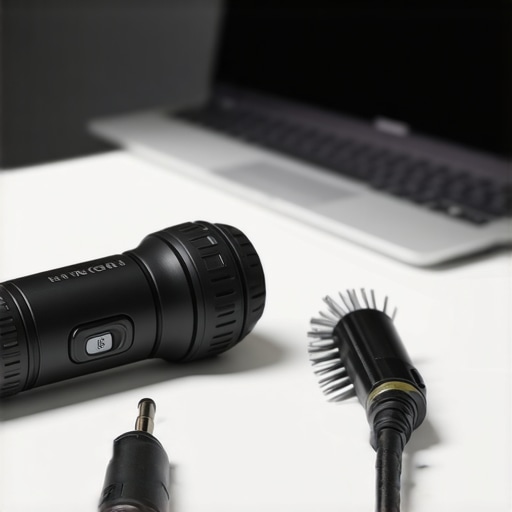 A precision screwdriver set and duster for laptop maintenance on a stable desk setup.