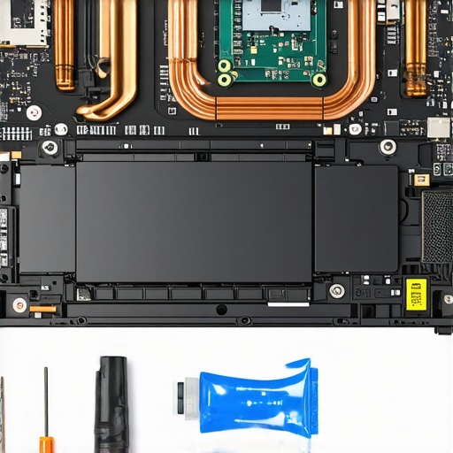 Laptop internals exposed with maintenance tools and thermal paste for cleaning and repair