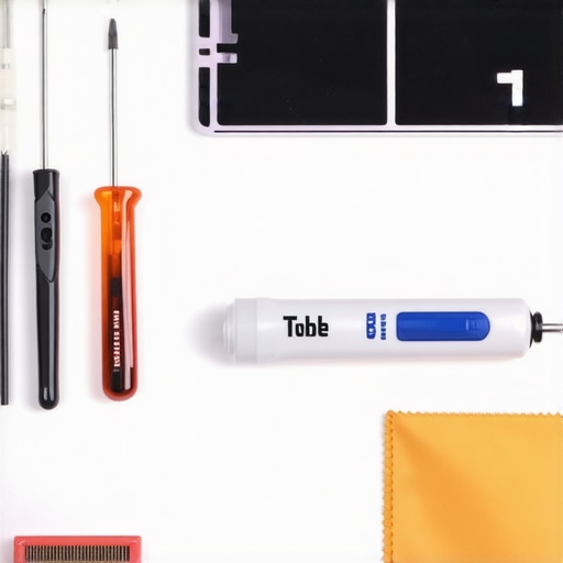 A precision toolkit and maintenance supplies for laptop repair.
