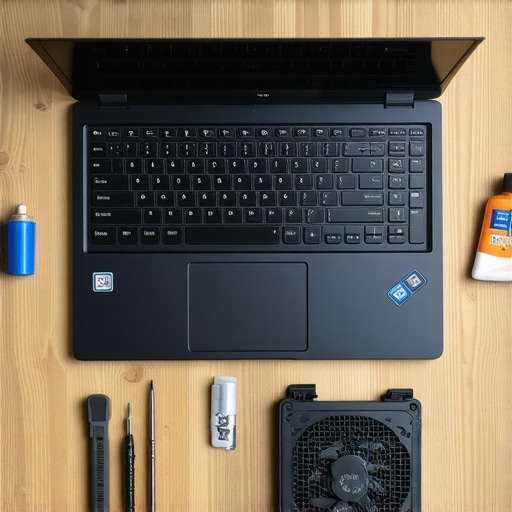 A laptop opened for maintenance showing the fan, heat pipe, and a screwdriver kit.