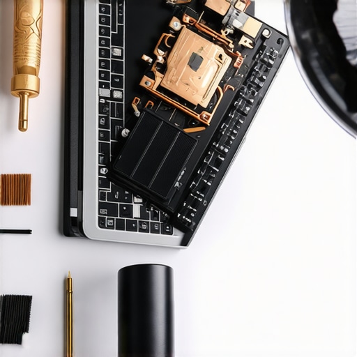 A precision repair kit and cleaning tools shown next to an open laptop for maintenance.