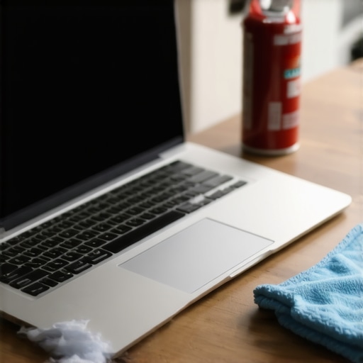 Compressed air and microfiber cloth on a desk next to a laptop for thermal maintenance