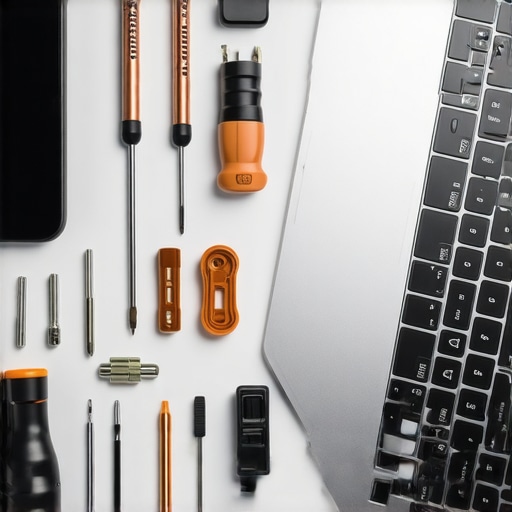 A precision screwdriver kit next to an open laptop showing the cooling fans and internal components.