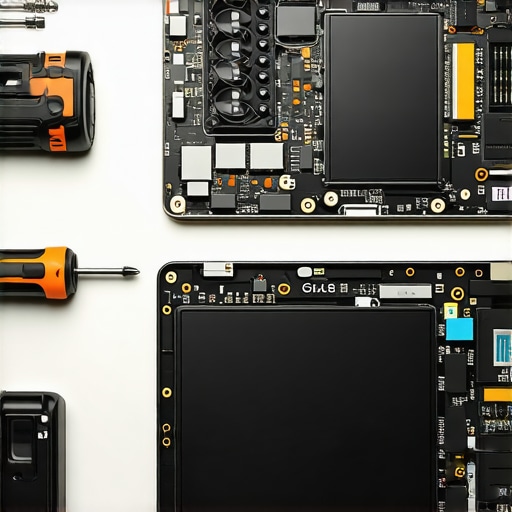 Precision screwdriver kit and open laptop for maintenance.