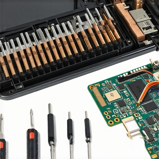 A precision screwdriver kit and maintenance tools next to an open laptop chassis.