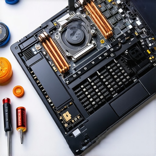 Inside view of a laptop during a thermal paste replacement and cleaning session with tools nearby.