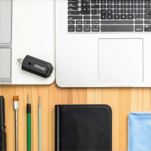 A precision screwdriver kit and cleaning supplies next to an open laptop showing internal components.