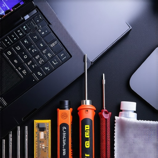 Close up of laptop maintenance kit and open laptop chassis