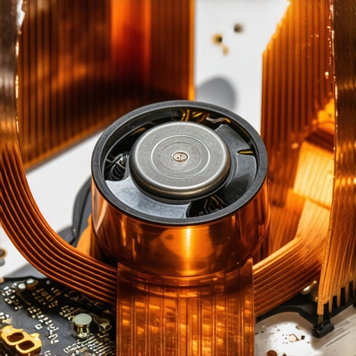 Close-up of internal laptop fan maintenance showing copper pipes and fan blades.