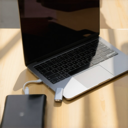 Extending laptop battery life with external power A laptop connected to an external power bank in a cafe setting.