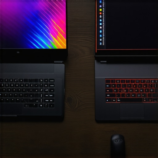 A comparison between the bulky, vented design of a gaming laptop and the streamlined, professional look of a business workstation.