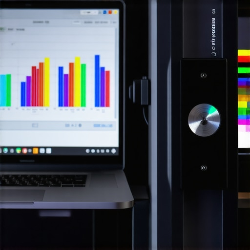 A professional colorimeter device calibrating a laptop screen for color accuracy.