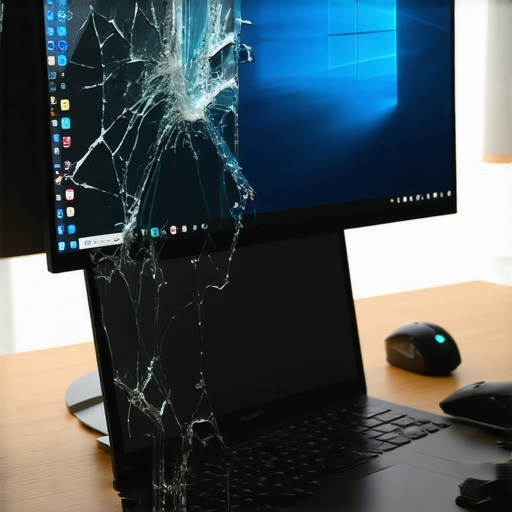 A laptop with a broken screen used as a desktop computer with an external monitor and accessories