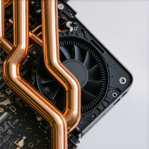 Close up of a dusty cooling fan and copper heat pipes inside an open-box laptop