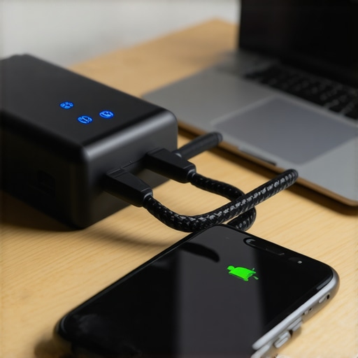 High-Efficiency Multi-Port GaN Charger Setup A modern GaN USB-C charger powering multiple devices on a desk