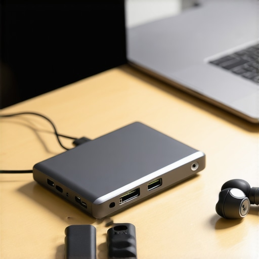 A close-up of an external DAC and earphones connected to a laptop to improve audio quality.