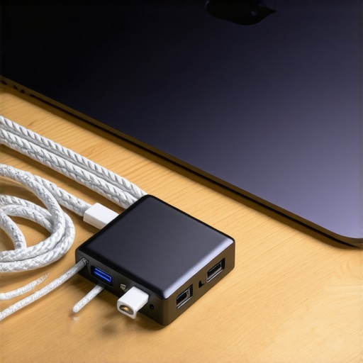 High-Performance GaN Charger for Laptops A modern GaN charger and braided cables on a professional desk setup.
