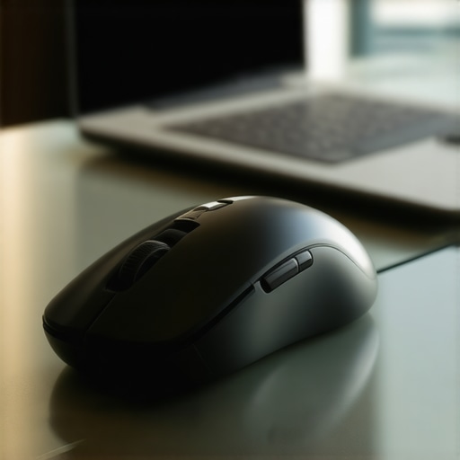 A sleek travel mouse working perfectly on a clear glass table surface next to a laptop.