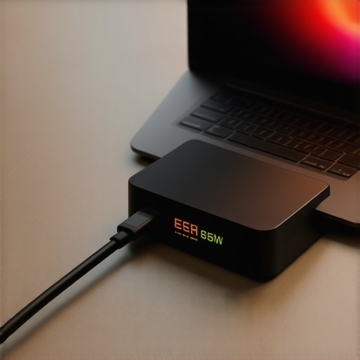 Close up of a USB-C cable with wattage display plugged into a laptop showing 65W delivery.