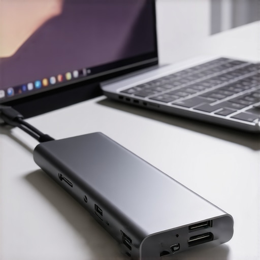 A high-quality multi-port USB-C hub connected to a laptop for safe power delivery.