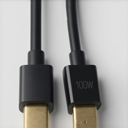 High Wattage vs Standard USB-C Cables Comparison of a 100W e-marked USB-C cable and a standard thin charging cable.