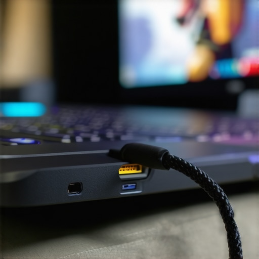 Close up of an HDMI 2.1 cable connecting a gaming laptop to a 4K TV for low-latency performance.