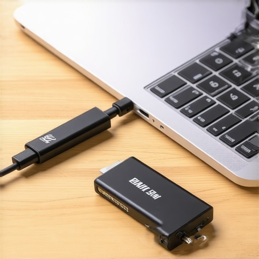 A Thunderbolt cable and an external SSD prepared for fast file transfers