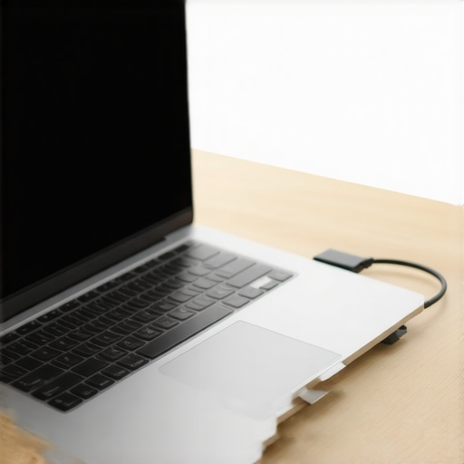 A clean wooden desk with a laptop on an ergonomic riser and organized cables.