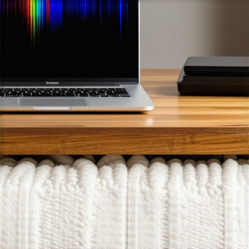 Diagram comparing laptop speaker performance on a wooden desk versus a soft bed blanket